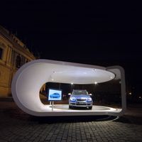 Škoda Auto exhibition stand at night